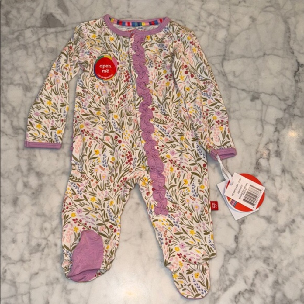 Charming Floral Kids Footie with Purple Trim